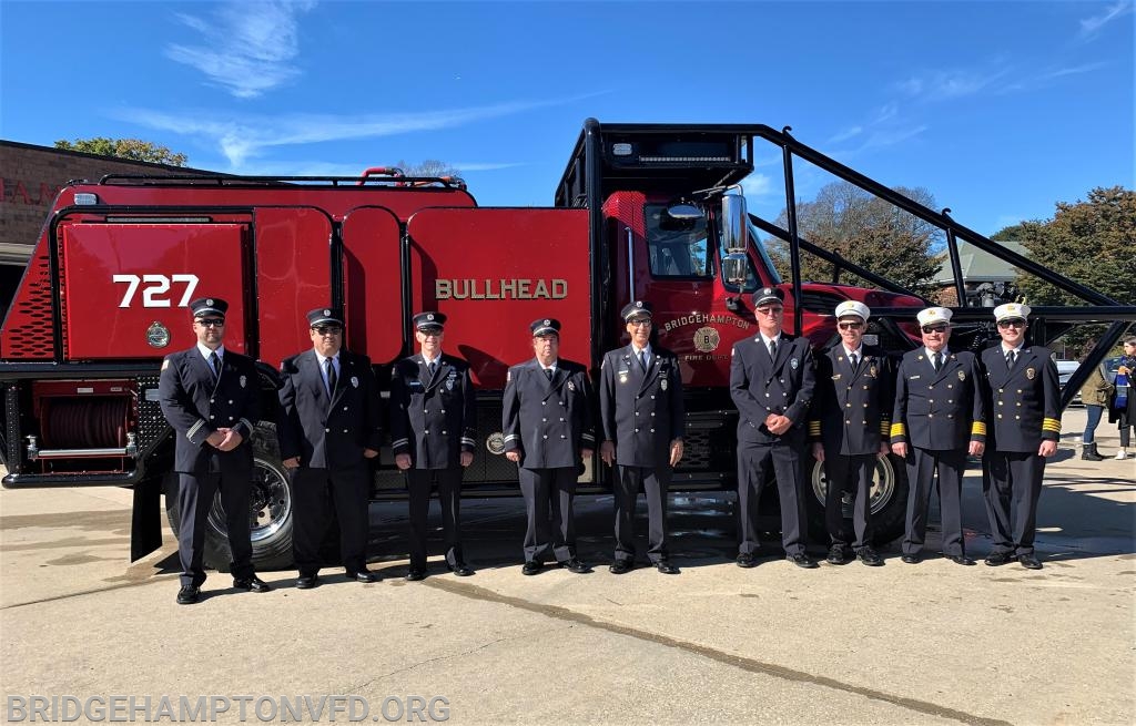 Members of the Department and Packard Company welcome the new Brush Truck. Nick Dombkowski, Bruce Dombkowski, Harry Halsey, John Froehlich, Jack Zito, Tom Dombkowski, Jeff White, Fred Wilford, and Chief Mark Balserus at Saturday, October 19, 2019's Wet Down Ceremony. 
